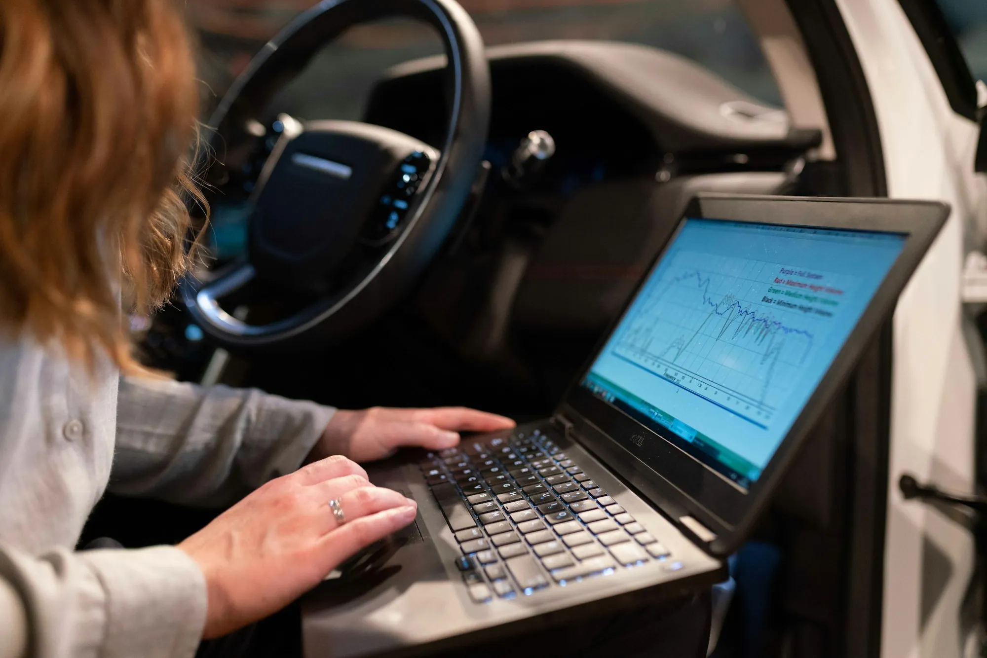 Person running diagnostic software on a laptop inside a car