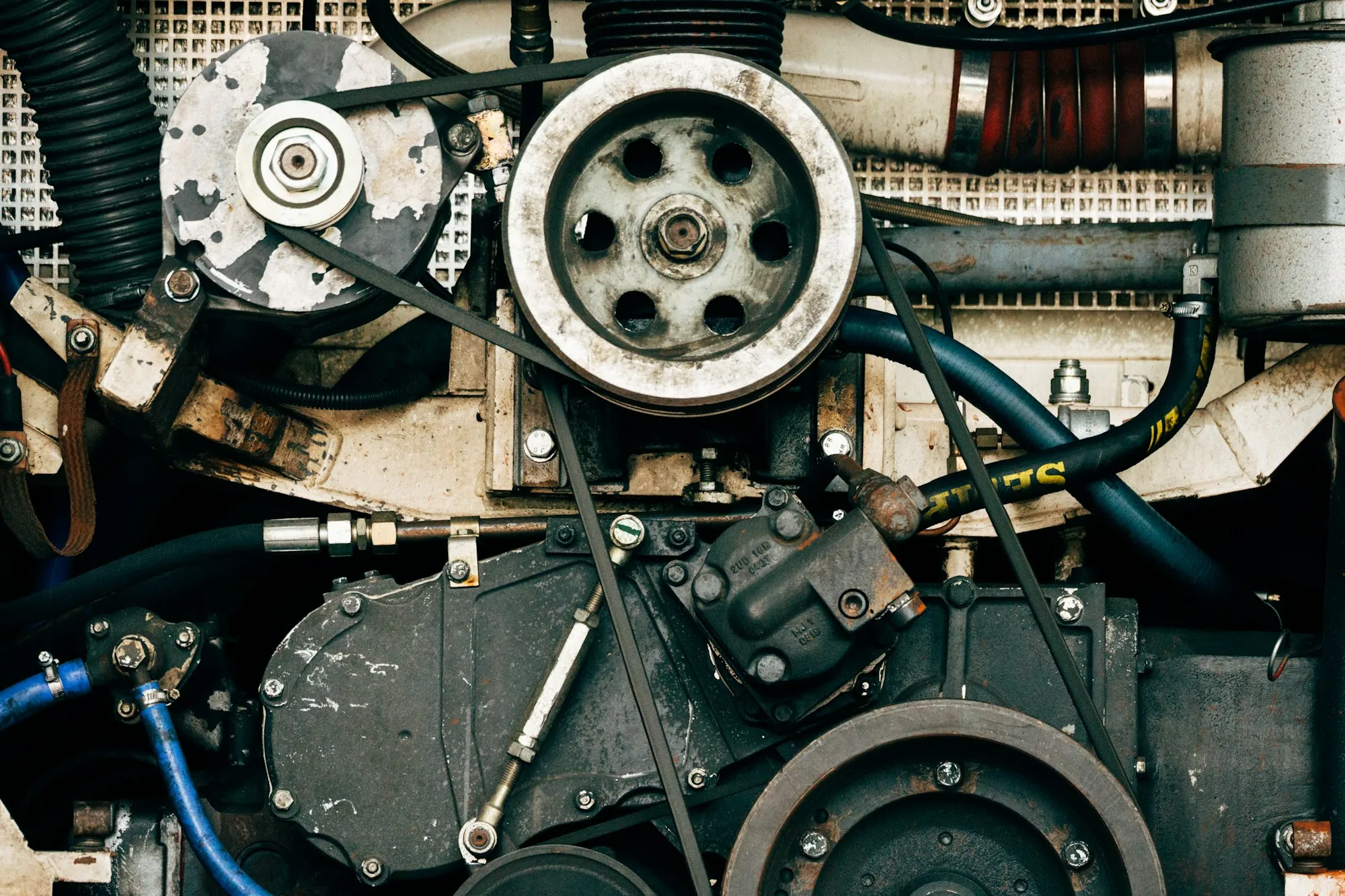 Engine pulley and belt drive viewed up close