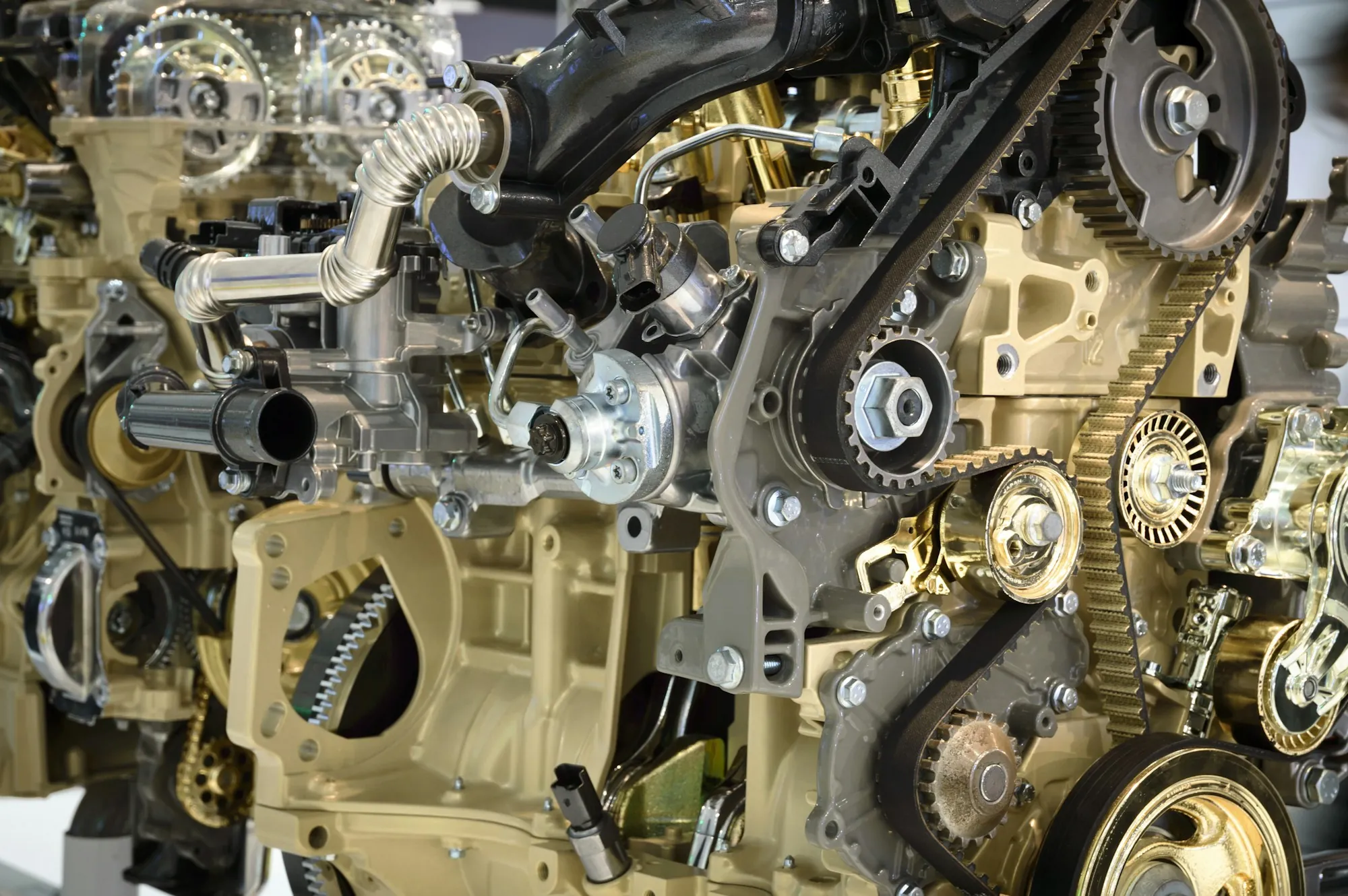 Close view of engine timing gears and chains
